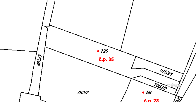Tehovec 35 na parcele st. 120 v KÚ Tehovec, Katastrální mapa