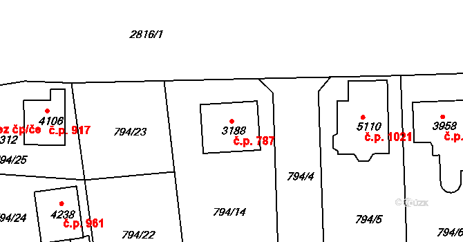 Plzeňské Předměstí 787, Rokycany na parcele st. 3188 v KÚ Rokycany, Katastrální mapa
