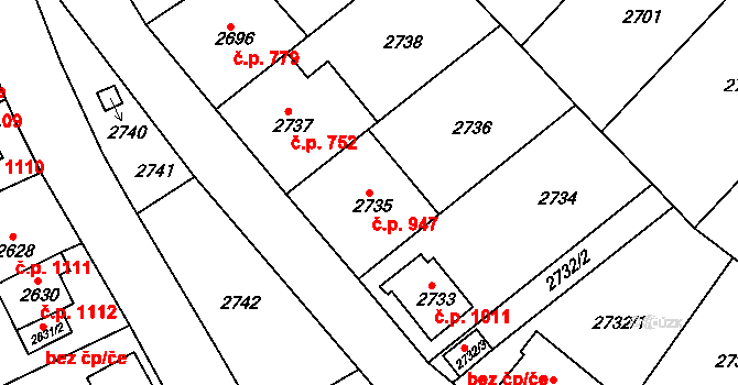 Sokolov 947 na parcele st. 2735 v KÚ Sokolov, Katastrální mapa
