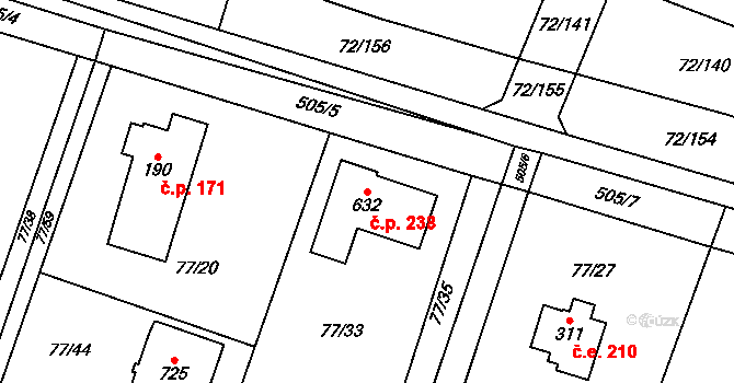 Jevany 238 na parcele st. 632 v KÚ Jevany, Katastrální mapa