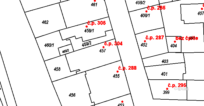 Uhříněves 304, Praha na parcele st. 457 v KÚ Uhříněves, Katastrální mapa