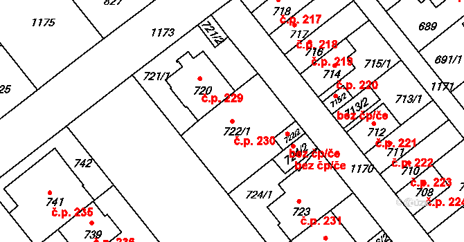 Prosek 230, Praha na parcele st. 722/1 v KÚ Prosek, Katastrální mapa