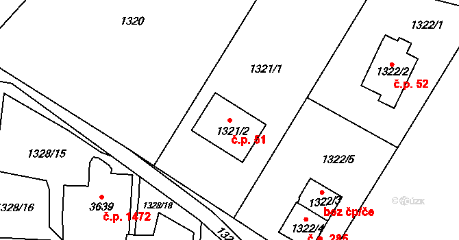 Rumburk 1 51, Rumburk na parcele st. 1321/2 v KÚ Rumburk, Katastrální mapa