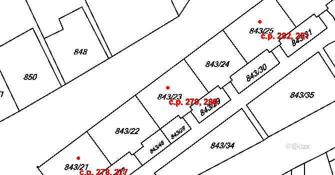 Liberec X-Františkov 279,280, Liberec na parcele st. 843/23 v KÚ Františkov u Liberce, Katastrální mapa