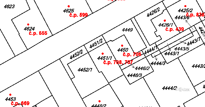 Liberec III-Jeřáb 707,708, Liberec na parcele st. 4451/1 v KÚ Liberec, Katastrální mapa