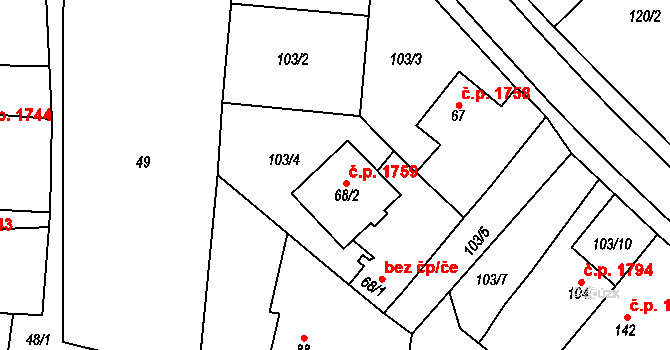 Havlíčkův Brod 1759 na parcele st. 68/2 v KÚ Perknov, Katastrální mapa