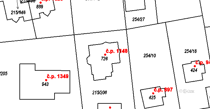 Rudná 1148 na parcele st. 726 v KÚ Hořelice, Katastrální mapa