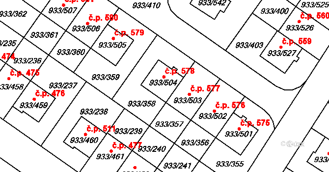 Satalice 578, Praha na parcele st. 933/504 v KÚ Satalice, Katastrální mapa