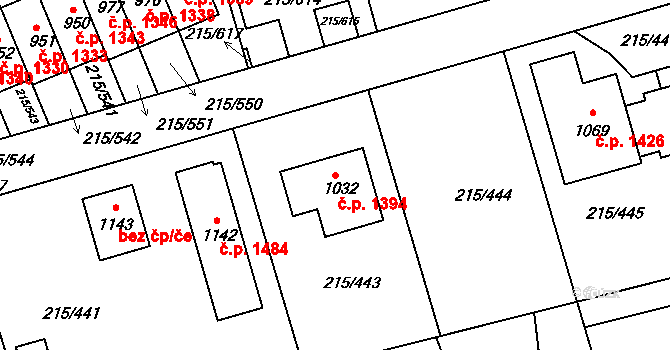 Rudná 1394 na parcele st. 1032 v KÚ Hořelice, Katastrální mapa