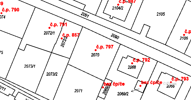 Jemnice 797 na parcele st. 2070 v KÚ Jemnice, Katastrální mapa