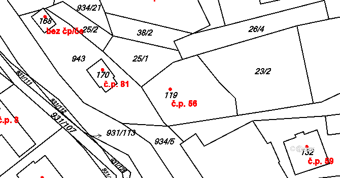 Podhradí 56 na parcele st. 119 v KÚ Podhradí u Luhačovic, Katastrální mapa