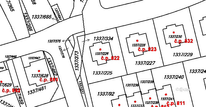 Vinoř 822, Praha na parcele st. 1337/226 v KÚ Vinoř, Katastrální mapa