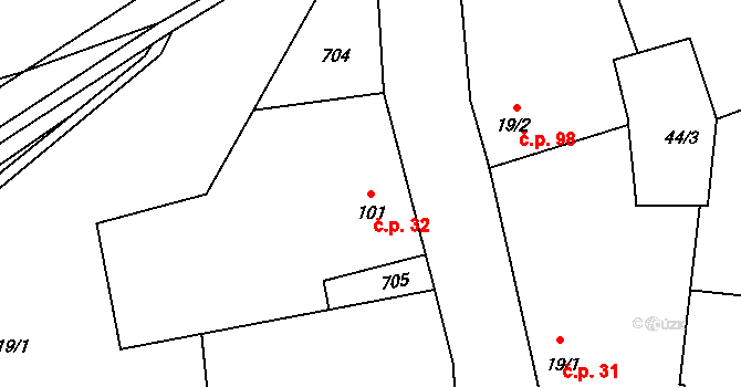 Dřetovice 32 na parcele st. 101 v KÚ Dřetovice, Katastrální mapa
