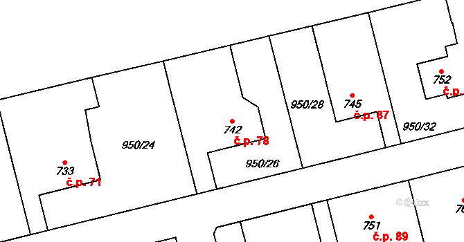 Jezbiny 78, Jaroměř na parcele st. 742 v KÚ Jezbiny, Katastrální mapa