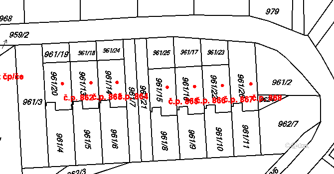 Bludov 865 na parcele st. 961/15 v KÚ Bludov, Katastrální mapa