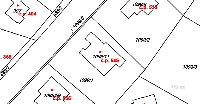 Hřebeč 545 na parcele st. 1099/11 v KÚ Hřebeč, Katastrální mapa