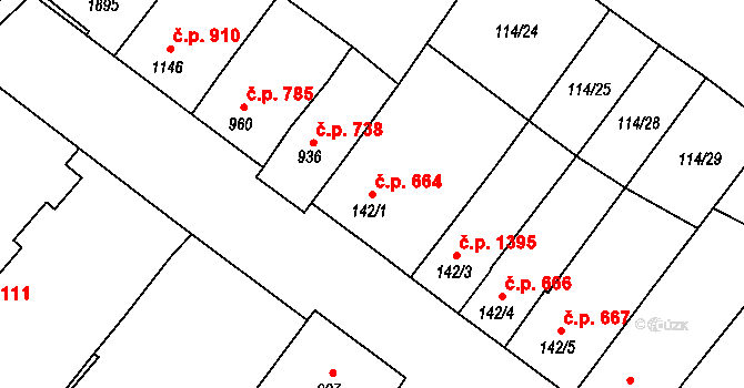 Velké Bílovice 664 na parcele st. 142/1 v KÚ Velké Bílovice, Katastrální mapa