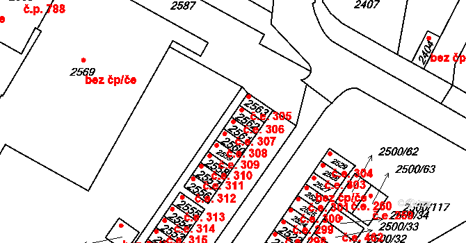 Hustopeče 307 na parcele st. 2561 v KÚ Hustopeče u Brna, Katastrální mapa