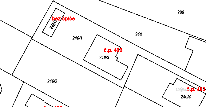 Křeslice 423, Praha na parcele st. 246/3 v KÚ Křeslice, Katastrální mapa