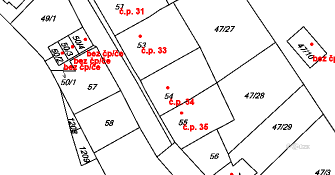 Všeborovice 34, Dalovice na parcele st. 54 v KÚ Všeborovice, Katastrální mapa