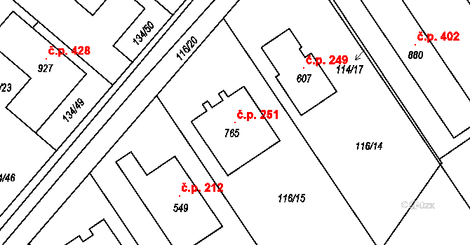 Doubravčice 251 na parcele st. 765 v KÚ Doubravčice, Katastrální mapa
