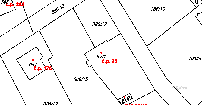 Řež 33, Husinec na parcele st. 67/1 v KÚ Husinec u Řeže, Katastrální mapa