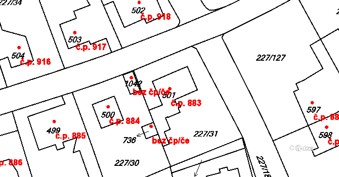 Švermov 883, Kladno na parcele st. 501 v KÚ Hnidousy, Katastrální mapa