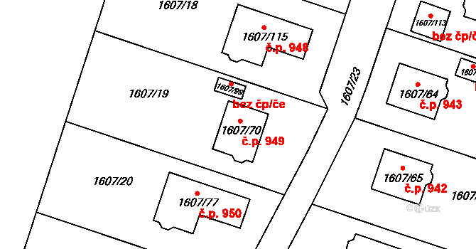 Kosmonosy 949 na parcele st. 1607/70 v KÚ Kosmonosy, Katastrální mapa
