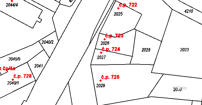 Roudnice nad Labem 724 na parcele st. 2027 v KÚ Roudnice nad Labem, Katastrální mapa