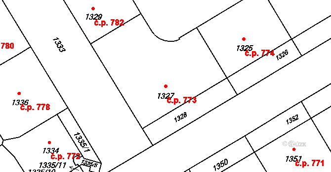 Veveří 773, Brno na parcele st. 1327 v KÚ Veveří, Katastrální mapa