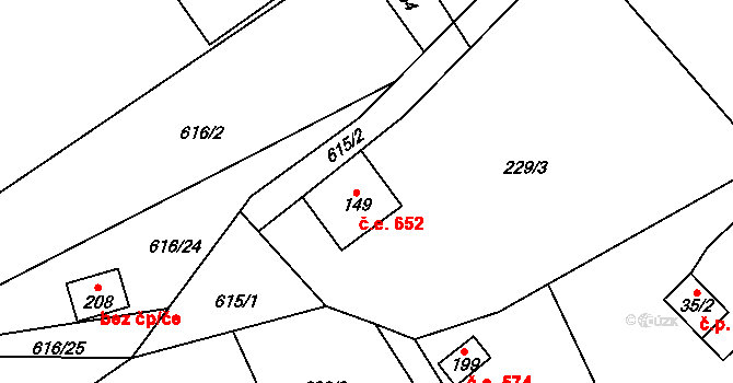 Záborčí 652, Malá Skála na parcele st. 149 v KÚ Vranové II, Katastrální mapa