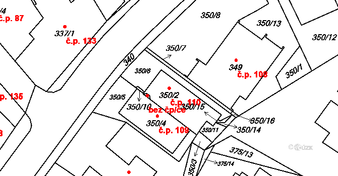 Jablunkov 110 na parcele st. 350/2 v KÚ Jablunkov, Katastrální mapa