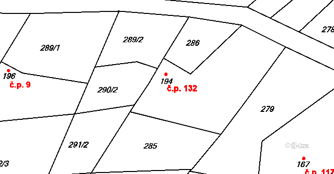 Milostín 132 na parcele st. 194 v KÚ Milostín, Katastrální mapa