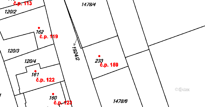 Kunovice 159 na parcele st. 233 v KÚ Kunovice, Katastrální mapa