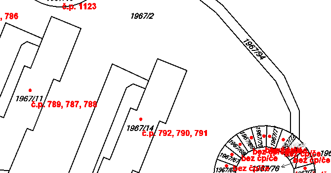 Kbely 790,791,792, Praha na parcele st. 1967/14 v KÚ Kbely, Katastrální mapa