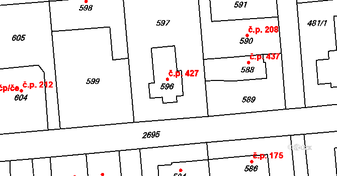 Kyje 427, Praha na parcele st. 596 v KÚ Kyje, Katastrální mapa