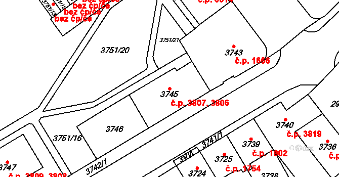 Chomutov 3806,3807 na parcele st. 3746 v KÚ Chomutov I, Katastrální mapa