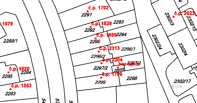 Východní Předměstí 2313, Plzeň na parcele st. 2296/2 v KÚ Plzeň, Katastrální mapa