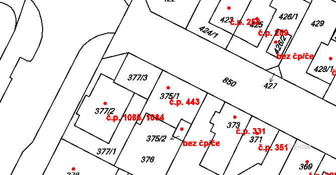 Lobzy 443, Plzeň na parcele st. 375/1 v KÚ Lobzy, Katastrální mapa