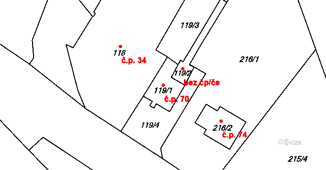 Břuchotín 70, Křelov-Břuchotín na parcele st. 119/1 v KÚ Břuchotín, Katastrální mapa