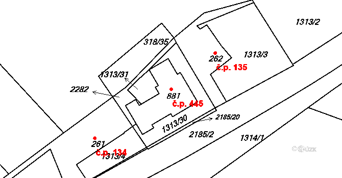 Pozlovice 445 na parcele st. 881 v KÚ Pozlovice, Katastrální mapa