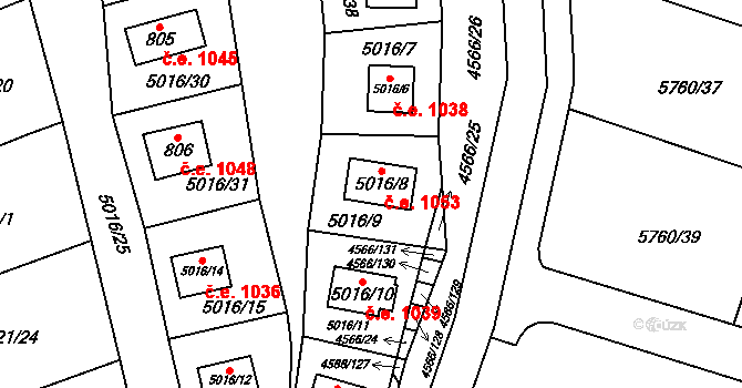 Pasohlávky 1053 na parcele st. 5016/8 v KÚ Pasohlávky, Katastrální mapa