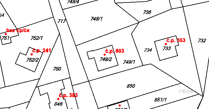 Jablůnka 603 na parcele st. 749/2 v KÚ Jablůnka, Katastrální mapa