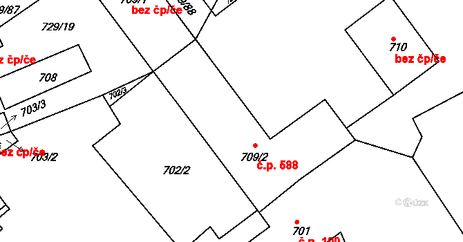 Hrušky 588 na parcele st. 709/2 v KÚ Hrušky, Katastrální mapa
