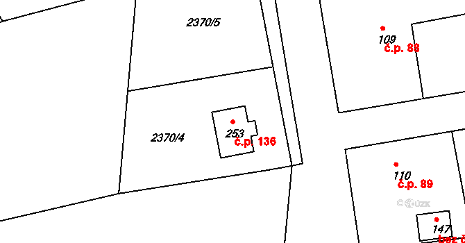 Branná 136, Třeboň na parcele st. 253 v KÚ Branná, Katastrální mapa