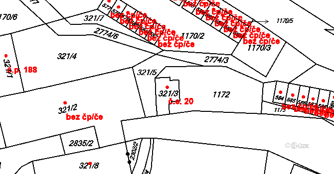 Hranice IV-Drahotuše 20, Hranice na parcele st. 321/3 v KÚ Drahotuše, Katastrální mapa