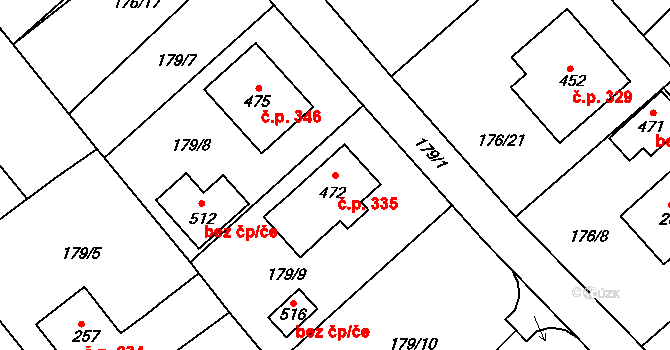 Rosice 335 na parcele st. 472 v KÚ Rosice u Chrasti, Katastrální mapa