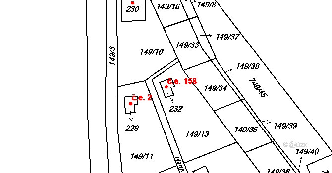 Kunětice 158 na parcele st. 232 v KÚ Kunětice, Katastrální mapa
