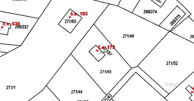Tušimice 173, Kadaň na parcele st. 271/87 v KÚ Tušimice, Katastrální mapa