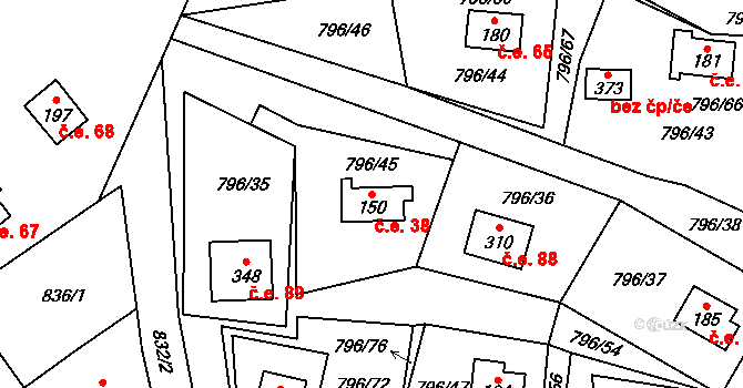 Podolsko 38, Podolí I na parcele st. 150 v KÚ Podolí I, Katastrální mapa